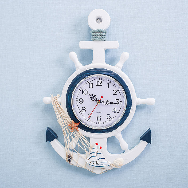 Mediterranean Style Blue And White Ship Rudder Helmsman Anchor Creative Personality Wall Clock